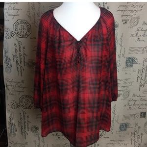 🆑 Chaps Denim Sheer Plaid Women’s Blouse XL